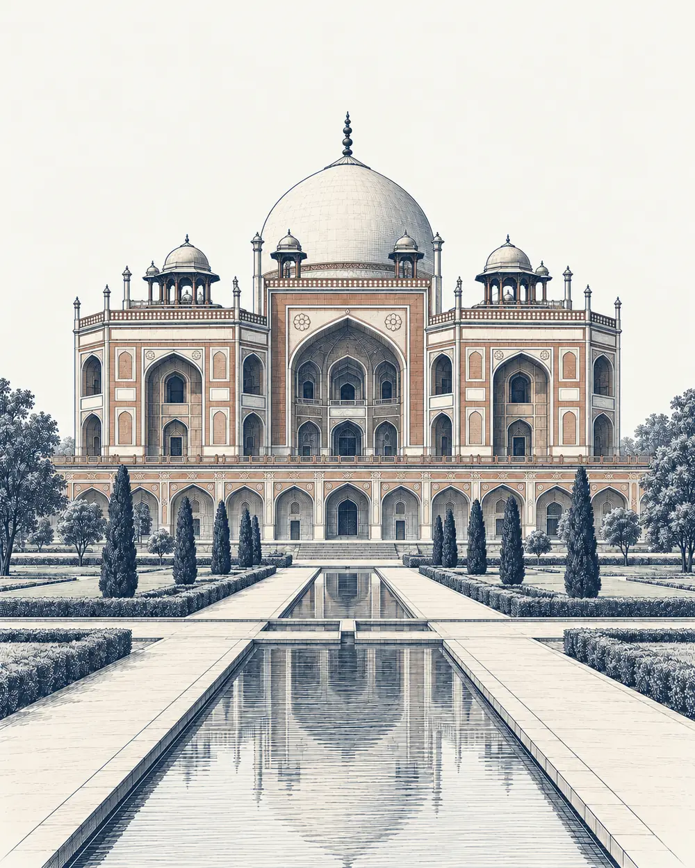 Engraved illustration of Humayun’s Tomb in Delhi